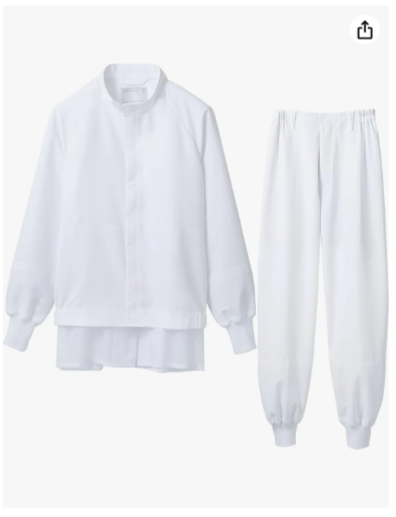 出典：Amazon.co.jp: 食品 工場 白衣 ジャンパー パンツ 上下セット 男女兼用 制電 薄手素材 白 RL8701-set (JP, アルファベット, 3L, ホワイト) : 産業・研究開発用品